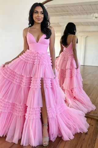 A-Line Spaghetti Straps Long Tiered Tulle Prom Dress With Split