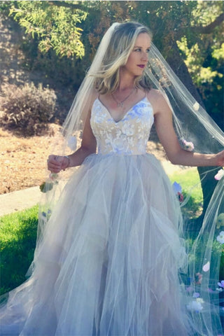 Princess Pink Tulle Spaghetti Straps V-neck Wedding Dresses, Bridal Gown