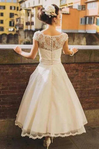Princess Tulle A-line Cap Sleeves Tea Length Lace Wedding Dresses