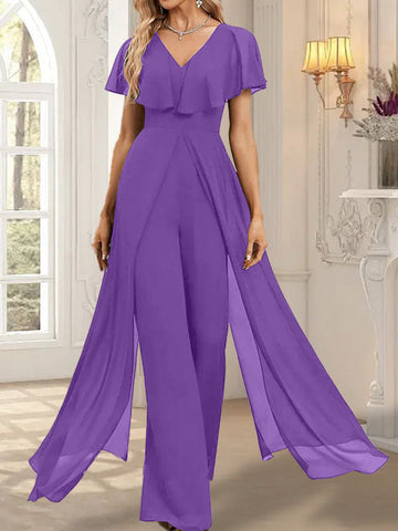 Jumpsuit/Hosenanzug V-Ausschnitt Bodenlanges Chiffon Abendkleid