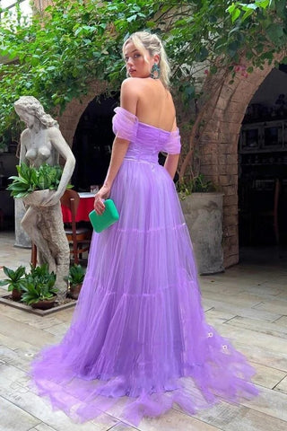 Purple A-line Strapless Off Shoulder Long Prom Dresses, Evening Dress,