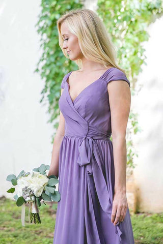 Purple Chiffon V-neck Cap Sleeves Lace Up Long Bridesmaid Dresses