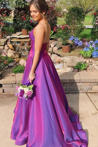 Lila Satin A-Linie Spaghettiträger Ballkleid mit Taschen, Partykleid