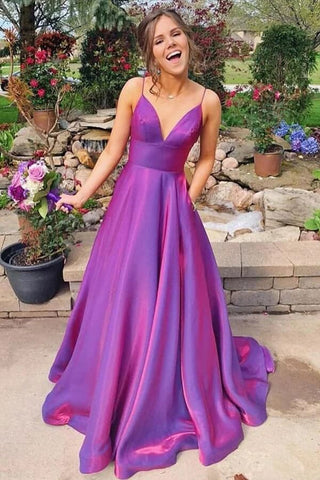 Lila Satin A-Linie Spaghettiträger Ballkleid mit Taschen, Partykleid