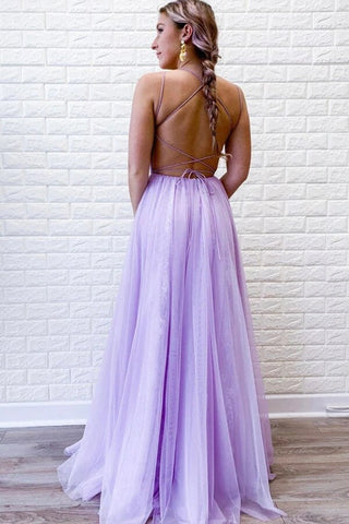 Purple Tulle Lace A-line Backless Prom Dresses With Slit, Evening Dresses