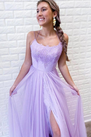 Purple Tulle Lace A-line Backless Prom Dresses With Slit, Evening Dresses