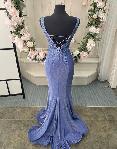 V-Neck Corset Back Long Prom Dress With Appliques