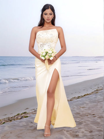 Outdoor Asymmetric Strapless Embroidery Slit Wedding Dress