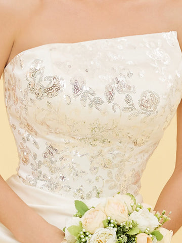 Outdoor Asymmetric Strapless Embroidery Slit Wedding Dress