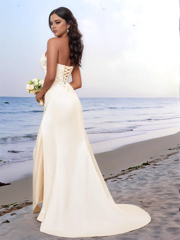 Outdoor Asymmetric Strapless Embroidery Slit Wedding Dress