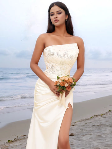 Outdoor Asymmetric Strapless Embroidery Slit Wedding Dress