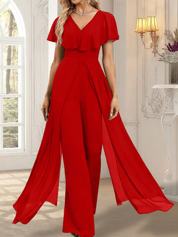 Jumpsuit/Hosenanzug V-Ausschnitt Bodenlanges Chiffon Abendkleid