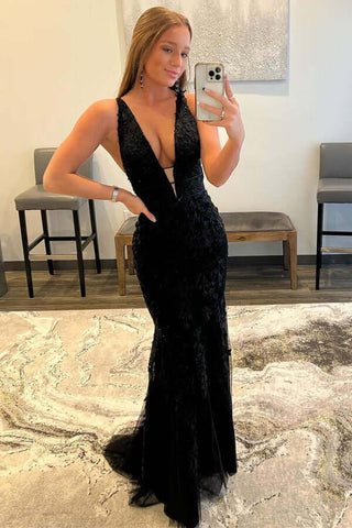 Mermaid Lace V-neck Floor Length Prom Dresses, Evening Dresses