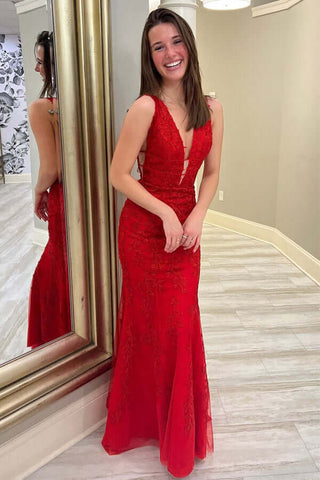 Mermaid Lace V-neck Floor Length Prom Dresses, Evening Dresses