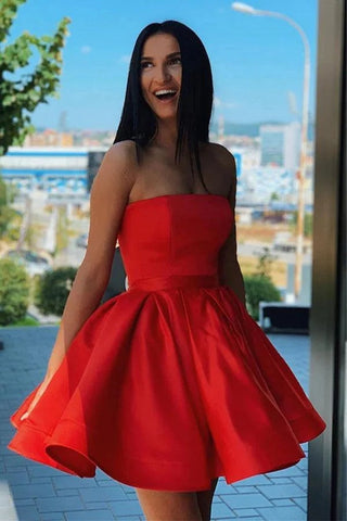 Satin A-line Strapless Short Homecoming Dresses, Short Party Dresses