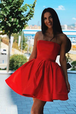 Satin A-line Strapless Short Homecoming Dresses, Short Party Dresses