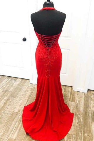 Satin Mermaid Halter Long Prom Dresses With Lace Appliques