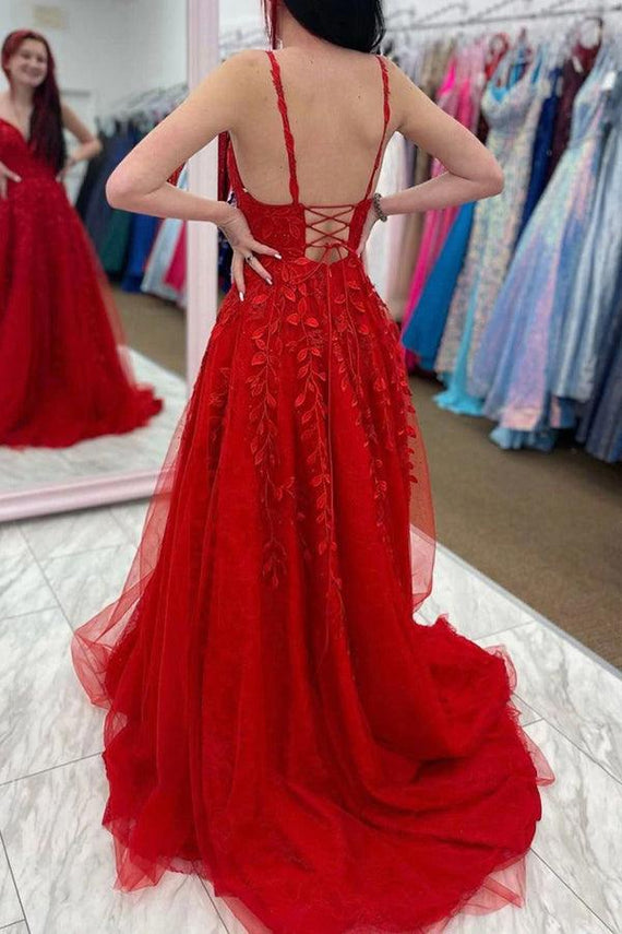 Tulle A-line V-neck Lace Appliques Long Prom Dresses, Party Dresses