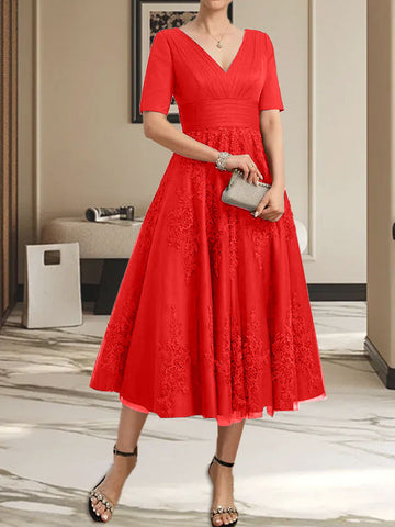 A-line V-Neck Tea-Length Tulle Lace Mother of the Bride Dress With Pleated