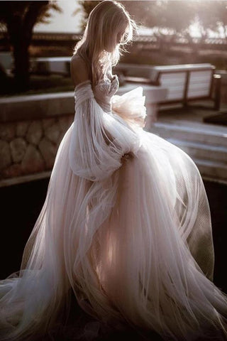 Romantic Backless Beach Wedding Dresses With Sleeves, Bridal Dress