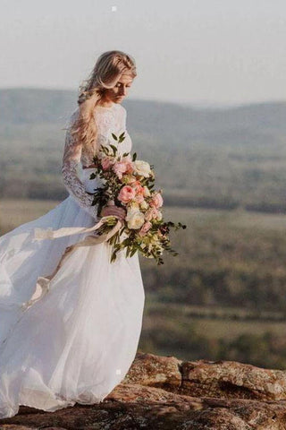 Romantic Ivory Chiffon Two Piece Long Sleeves Wedding Dresses with Lace