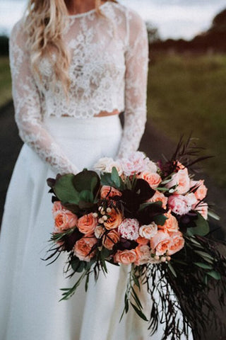 Romantic Ivory Chiffon Two Piece Long Sleeves Wedding Dresses with Lace