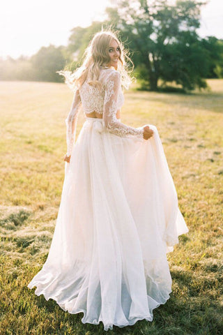 Romantic Ivory Chiffon Two Piece Long Sleeves Wedding Dresses with Lace