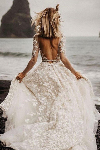 Romantic Lace A-line V-neck Long Sleeves Wedding Dresses, Bridal Gown