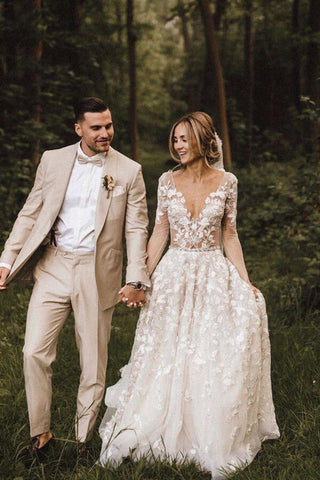 Romantic Lace A-line V-neck Long Sleeves Wedding Dresses, Bridal Gown