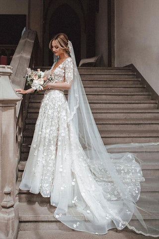 Romantic Lace A-line V-neck Long Sleeves Wedding Dresses, Bridal Gown