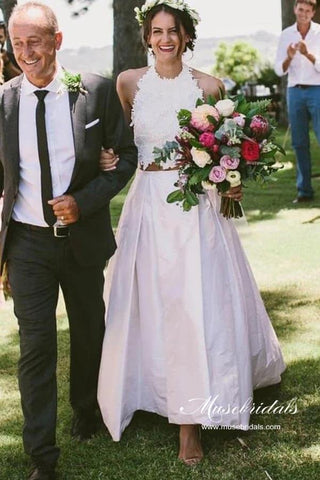 Romantic Lace Top Two Piece Halter Wedding Dresses, Bridal Gown