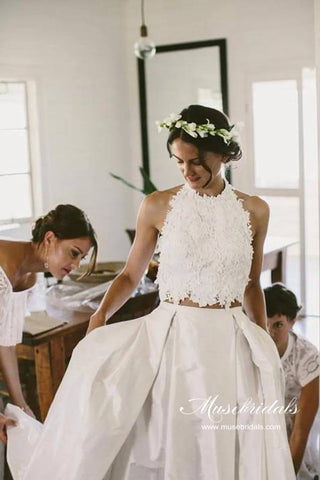 Romantic Lace Top Two Piece Halter Wedding Dresses, Bridal Gown