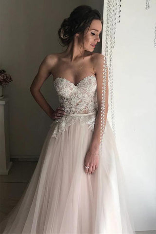 Romantic Tulle Lace A-Line Sweetheart Boho Wedding Dresses, Bridal Gown