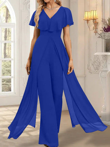 Jumpsuit/Hosenanzug V-Ausschnitt Bodenlanges Chiffon Abendkleid