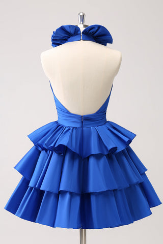 Red Deep V-neck A-Line Satin Short Homecoming Dress with Ruffles