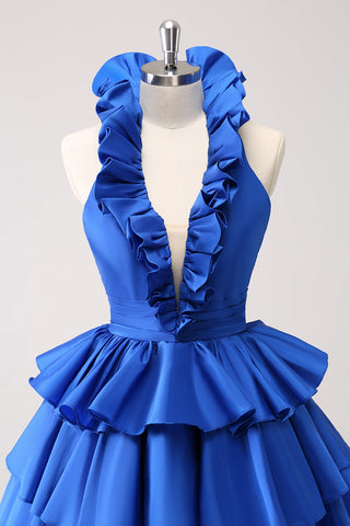 Red Deep V-neck A-Line Satin Short Homecoming Dress with Ruffles