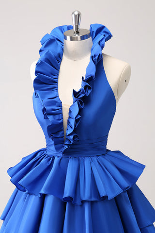 Red Deep V-neck A-Line Satin Short Homecoming Dress with Ruffles