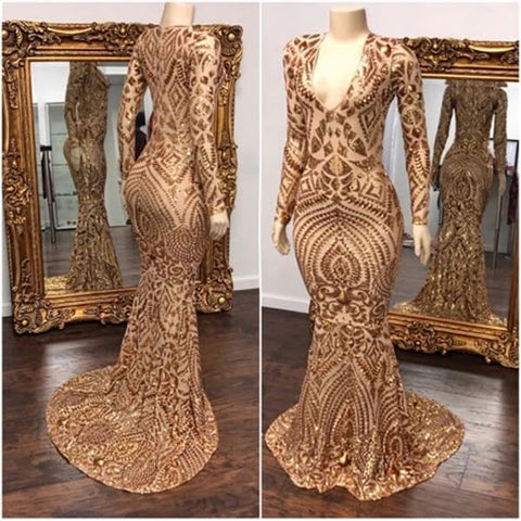 Mermaid V-neck Long Prom Dresses With Sleeves, Evening Gown