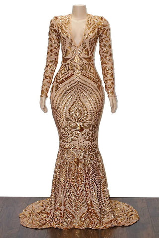 Mermaid V-neck Long Prom Dresses With Sleeves, Evening Gown