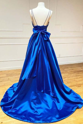 Satin A-line Spaghetti Straps Long Prom Dresses With Bowknot