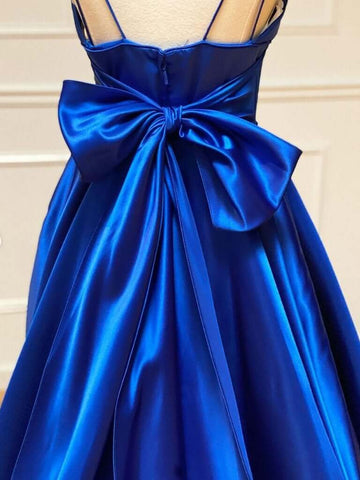 Satin A-line Spaghetti Straps Long Prom Dresses With Bowknot