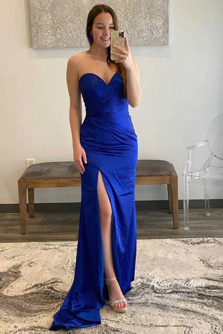 Satin Sheath Sweetheart Ruffled Bodice Long Prom Dresses