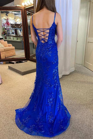 Tulle Mermaid V-neck Spaghetti Straps Prom Dresses With Slit