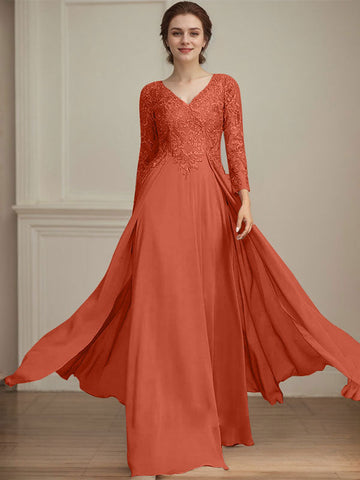 A-line V-Neck Floor-Length Lace Chiffon Mother of the Bride Dress With Sequins