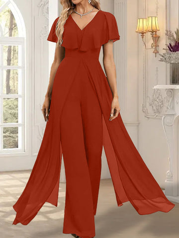 Jumpsuit/Hosenanzug V-Ausschnitt Bodenlanges Chiffon Abendkleid