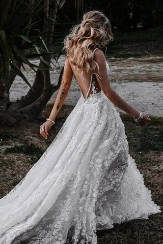 Rustic A-line V-neck Side Slit Lace Beach Wedding Dresses, Bridal Gown