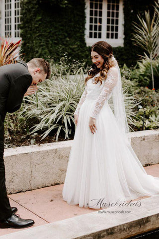 Rustic Bohemian Lace Illusion Neckline Long Sleeves Wedding Dresses