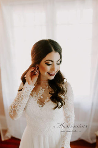 Rustic Bohemian Lace Illusion Neckline Long Sleeves Wedding Dresses