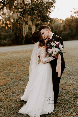 Rustic Bohemian Lace Illusion Neckline Long Sleeves Wedding Dresses