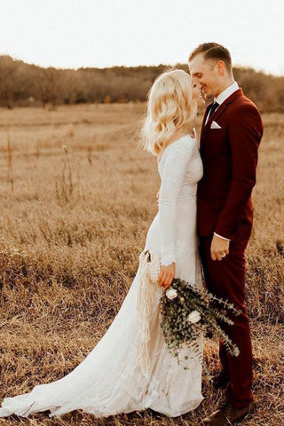 Rustic Ivory Mermaid Long Sleeves Backless Wedding Dresses, Bridal Dress